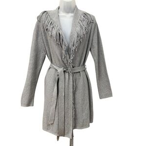 J.Jill Gray Fringe Belted Knit Cardigan Sweater Western Boho Cozy Layering